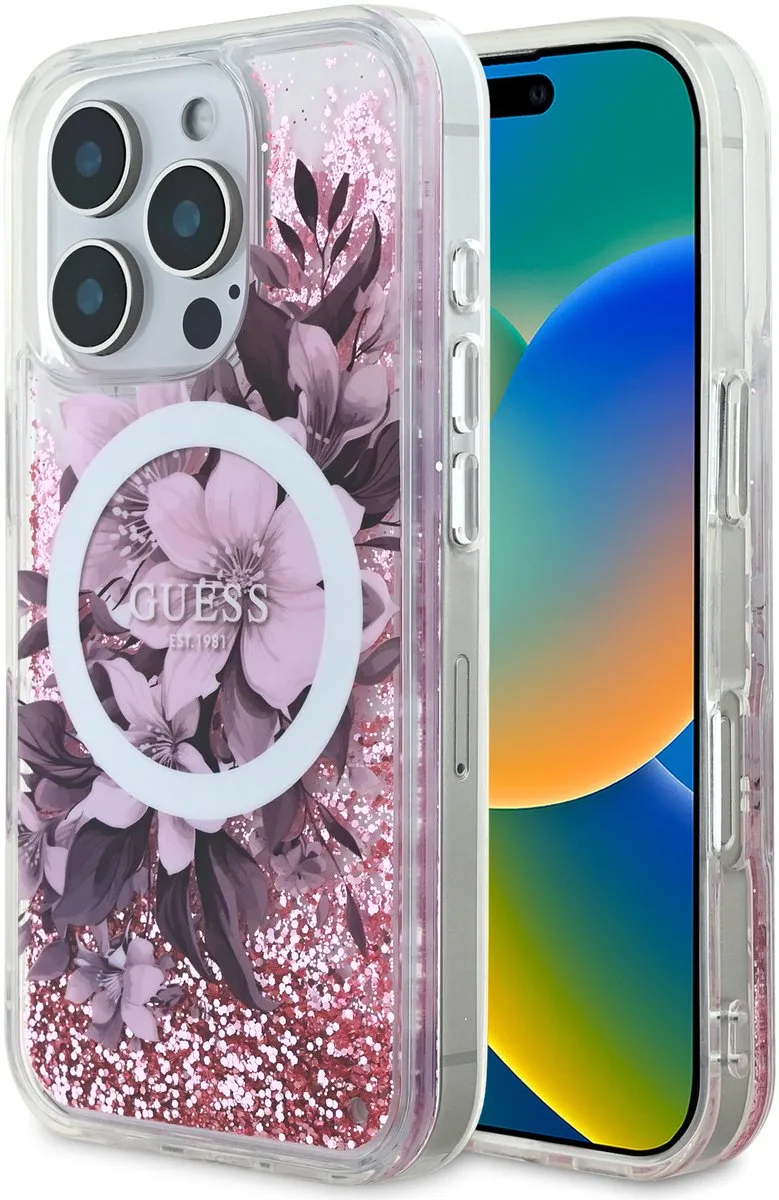Back cover - iPhone 16 Pro Max - Magsafe Liquid Glitter - Schokabsorberend de Guess en Rose – photo produit