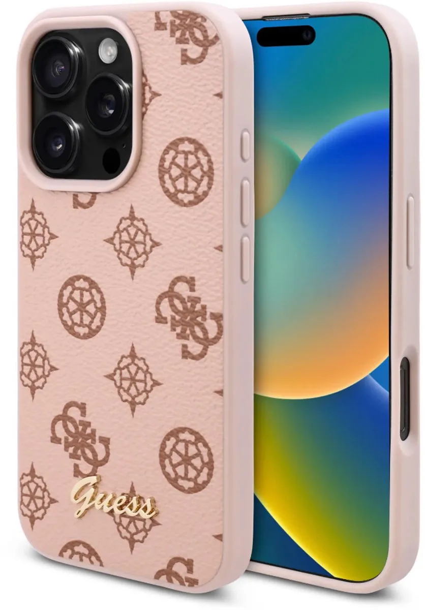 Back cover - iPhone 16 Pro Max - PU Leather - Peony Script Logo van Guess in Bruin – productfoto