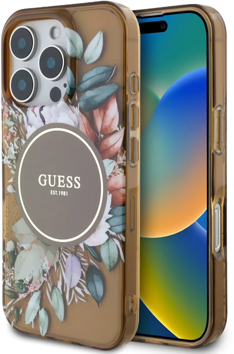 Back Cover iPhone 16 Pro - Schokabsorberende TPU - Botanisch Design de Guess en Marron – photo produit