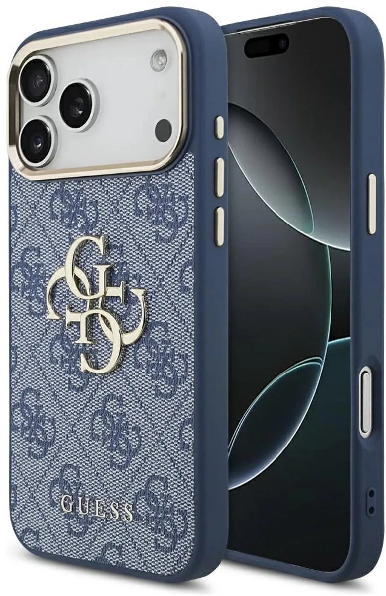 Back Cover - iPhone 17 Pro Max - Blauwe Denimlook - Gouden Rand - Stevige Bescherming de Guess en Bleu – photo produit