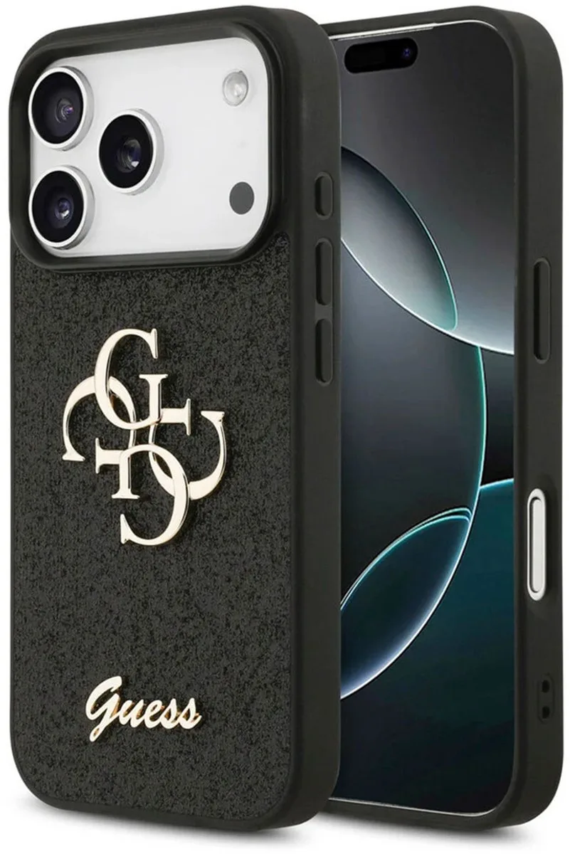 Back Cover - iPhone 17 Pro Max - Slanke, schokbestendige randen - Stijlvolle glitterdesign von Guess in Schwarz – Produktfoto
