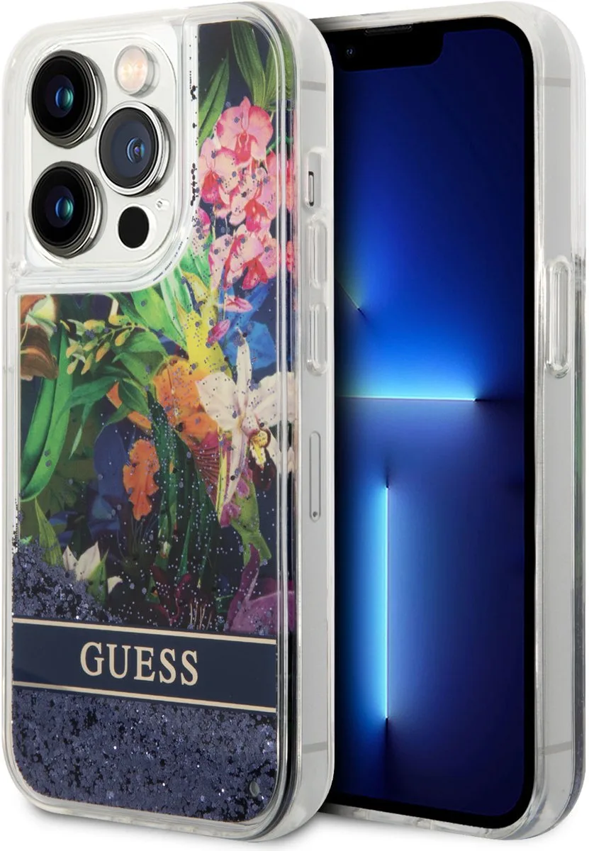 Back Cover voor Apple iPhone 15 Pro Max - Blauwe Liquid Glitter - Bloem Motief fra Guess i Blå – produktbillede