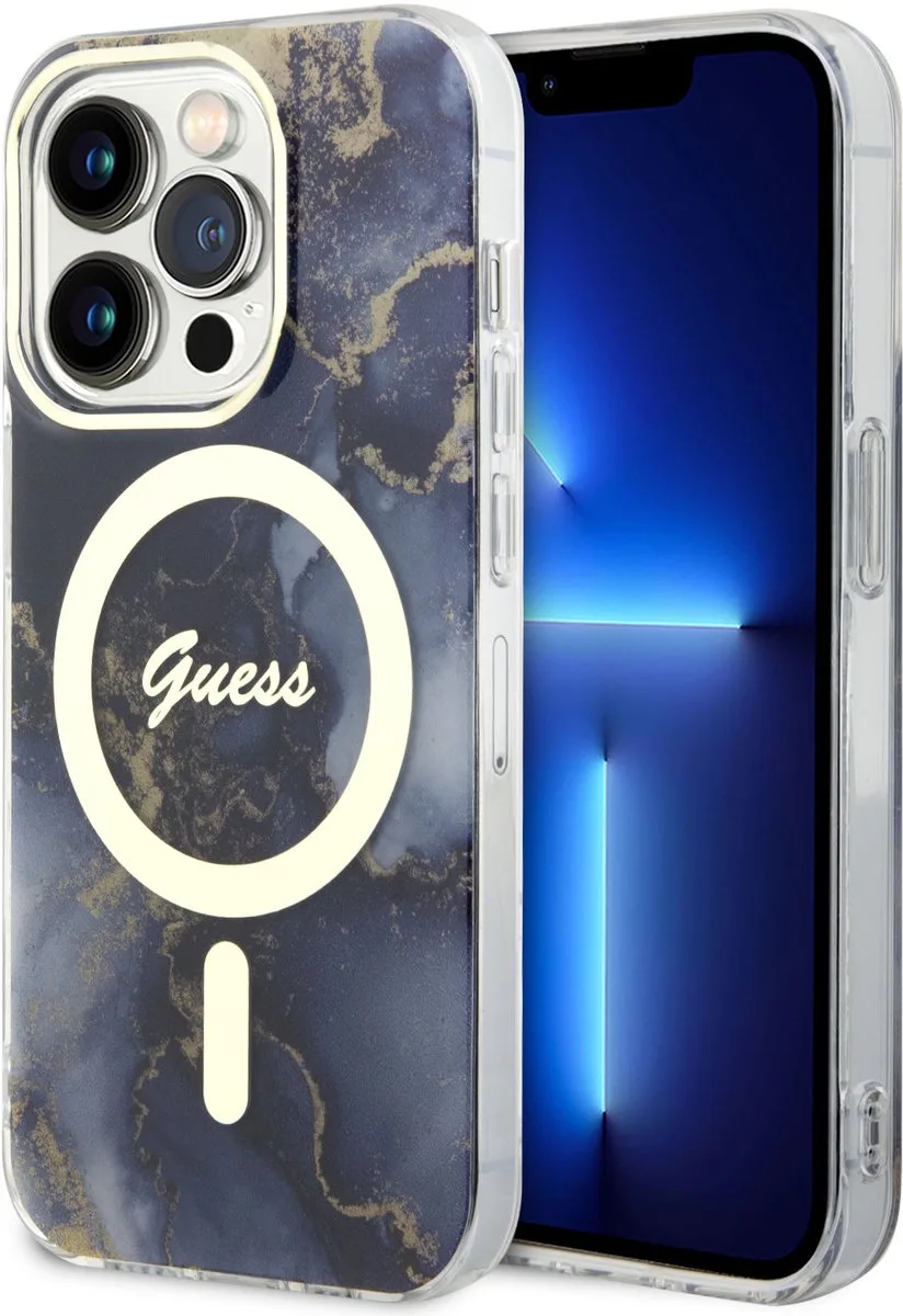 Back Cover voor iPhone 15 Pro - Magsafe - Pattern - Blauw de Guess en Marble – photo produit