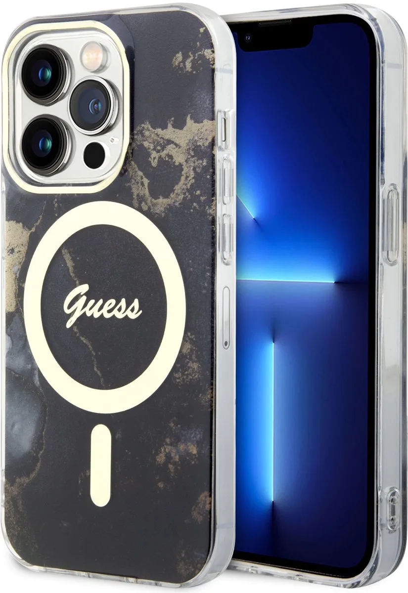 Back Cover - voor iPhone 15 Pro - MagSafe - Stootrand - Zwart de Guess en Marble – photo produit