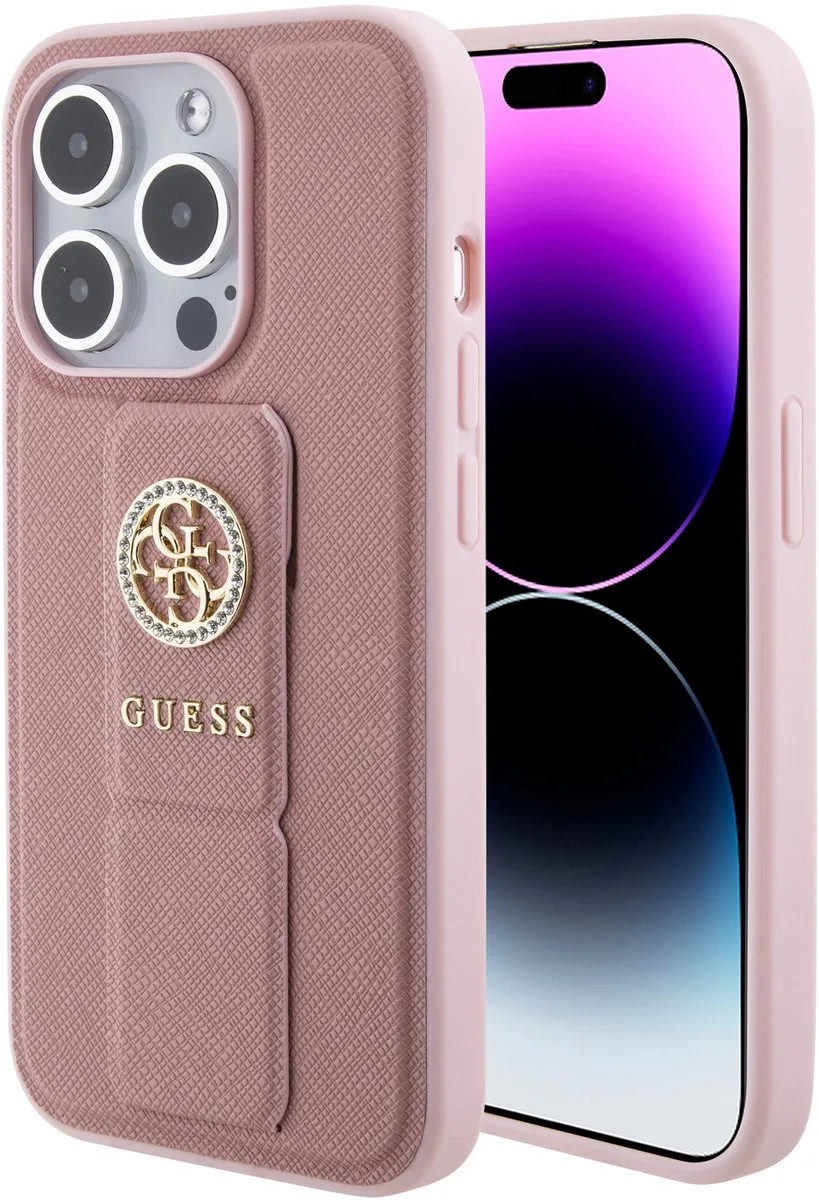 Back Cover voor iPhone 15 Pro - Saffiano Textuur - Strass Metal Logo van Guess in Roze – productfoto