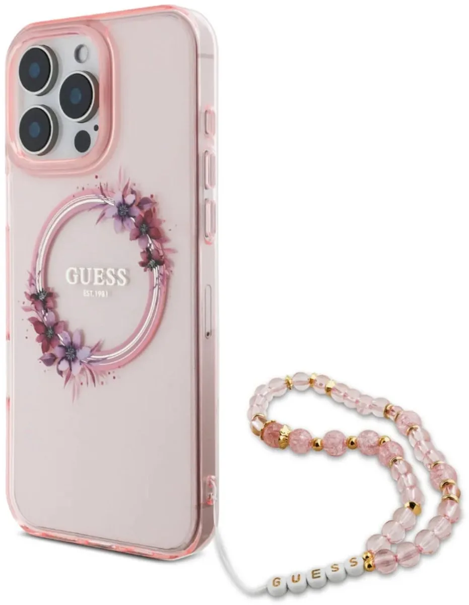 Back cover voor iPhone 16 Pro Max - MagSafe-compatibel - Bloemkrans Design de Guess en Rose – photo produit