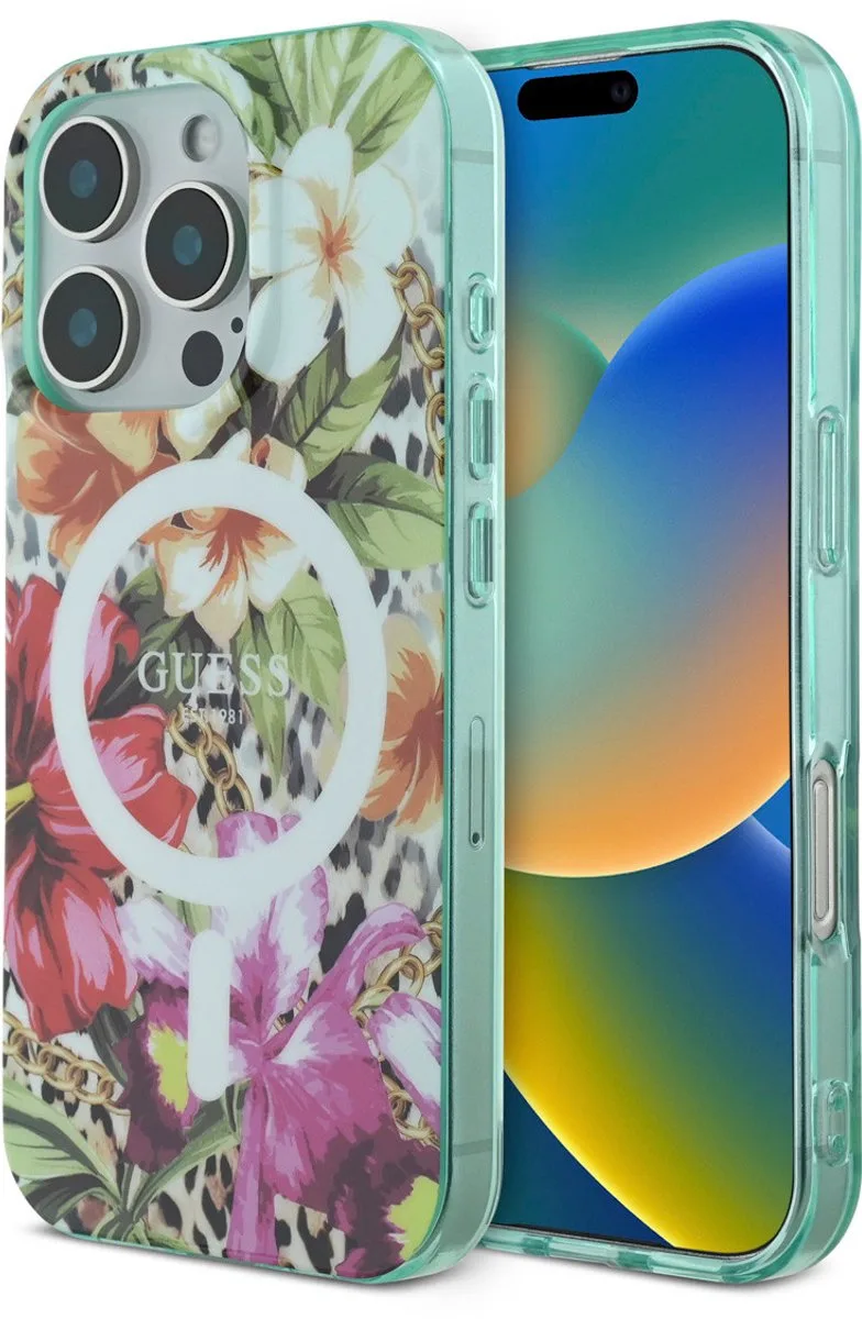 Back Cover voor iPhone 16 Pro Max - MagSafe-compatibel - Schokabsorberend - Jungle Design de Guess en Orange – photo produit