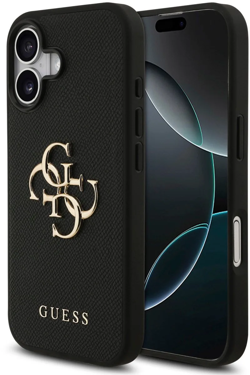 Back Cover voor iPhone 17 - Luxe textuur - Goudkleurig logo de Guess en Noir – photo produit