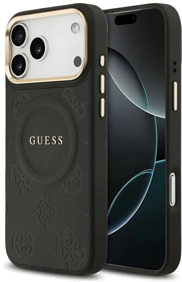 Backcover hoesje voor Apple iPhone 17 Pro Max - HC Magsafe PU With Peony Hot Stamp de Guess en Noir – photo produit