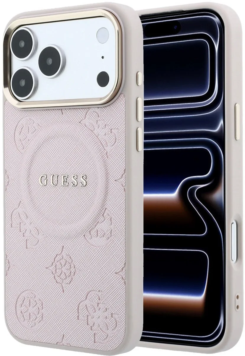 Backcover hoesje voor Apple iPhone 17 Pro Max - HC Magsafe PU With Peony Hot Stamp de Guess en Rose – photo produit