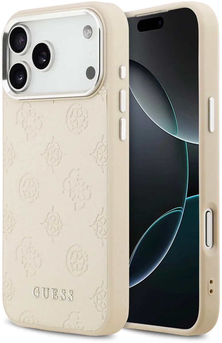 Backcover hoesje voor Apple iPhone 17 Pro Max - Magsafe PU With Peony Hot Stamp Script de Guess en Beige – photo produit