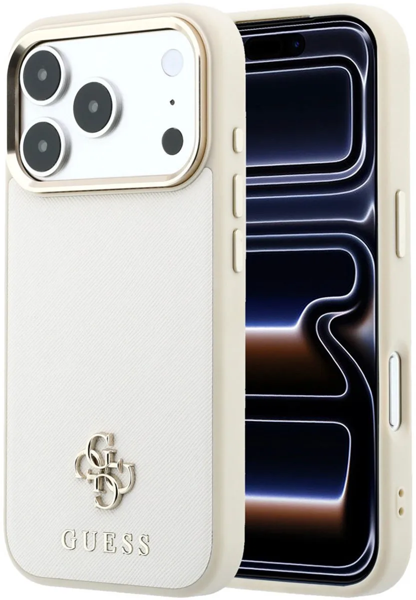 Backcover hoesje voor Apple iPhone 18 Pro Max - HC MagSafe Saffiano Small 4G And Classic van Guess in Beige – productfoto