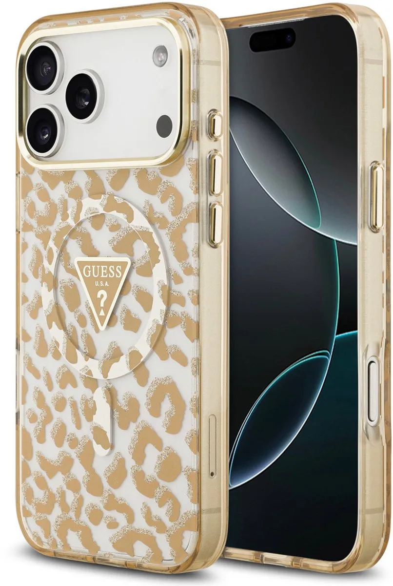 Backcover hoesje voor Apple iPhone 18 Pro Max - leopard glitter van Guess in Bruin – productfoto