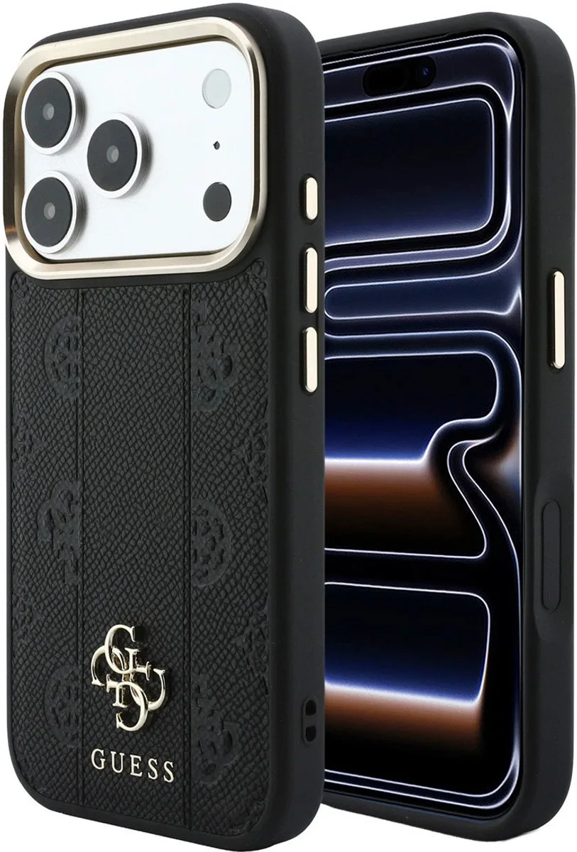 Backcover hoesje voor Apple iPhone 18 Pro Max - Magsafe PU Stripe HS Peony 4G Logo van Guess in Zwart – productfoto