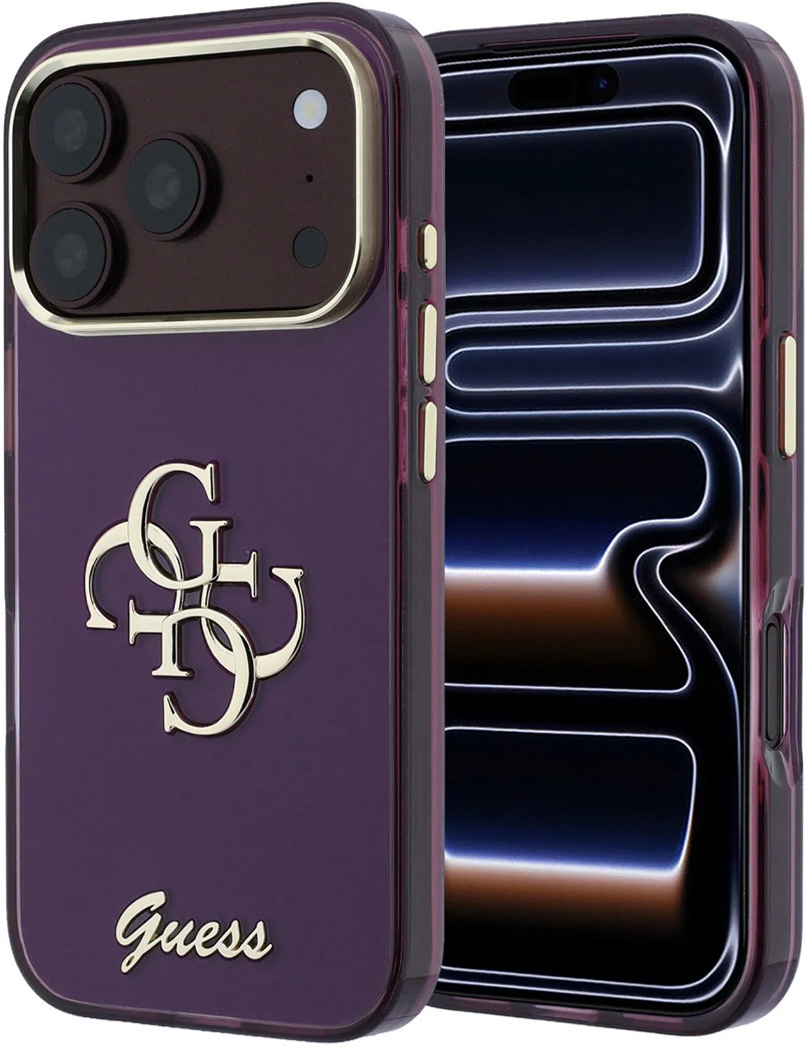Backcover hoesje voor iPhone 18 Pro Max en iPhone 17 Pro Max - IML - 4G - metaal de Guess en Bordeauxrood – photo produit