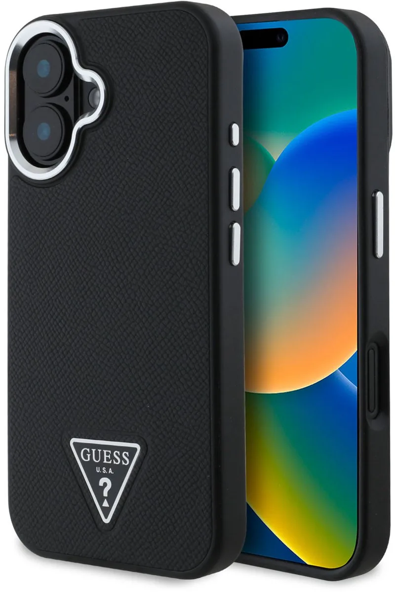 Backcover – iPhone 16 – Magsafe - grained PU triangle van Guess in Zwart – productfoto