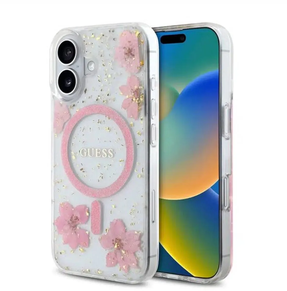 Backcover iPhone 16 – Magsafe - Resin Flowers Design van Guess in Roze – productfoto