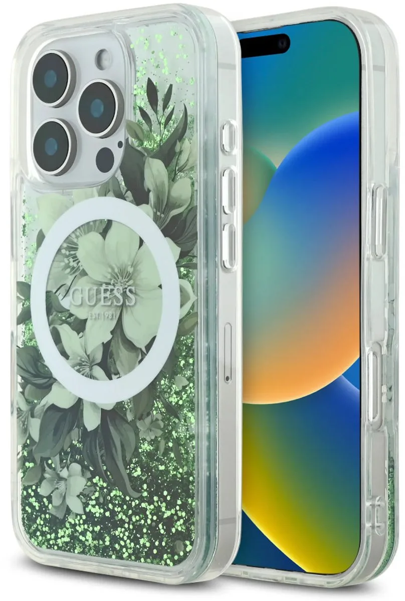 Backcover iPhone 16 Pro - MagSafe - Groene Glitter Bloemenprint - Schokabsorberend TPU fra Guess i Grøn – produktbillede