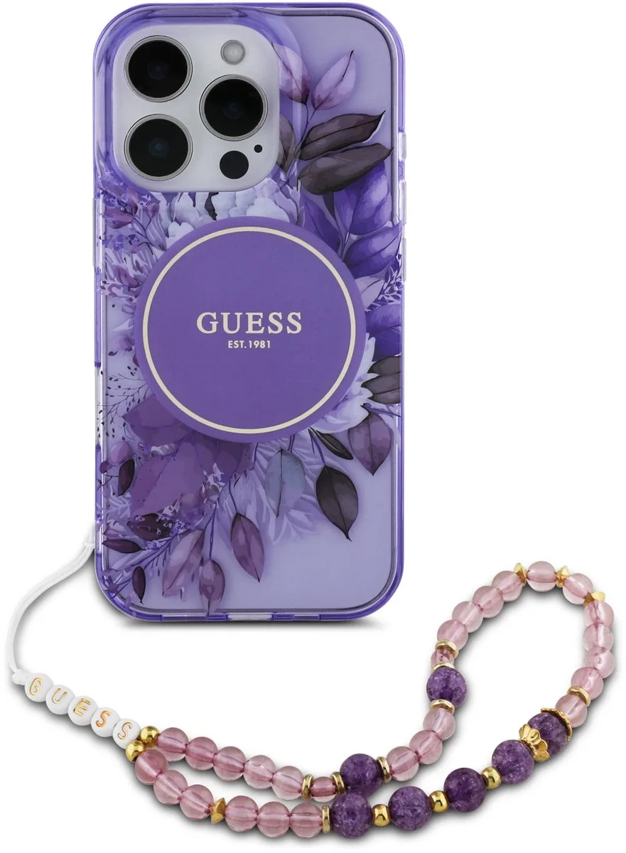 Backcover iPhone 16 Pro - Magsafe IML Flowers with pearl strap från Guess i Lila – produktbild