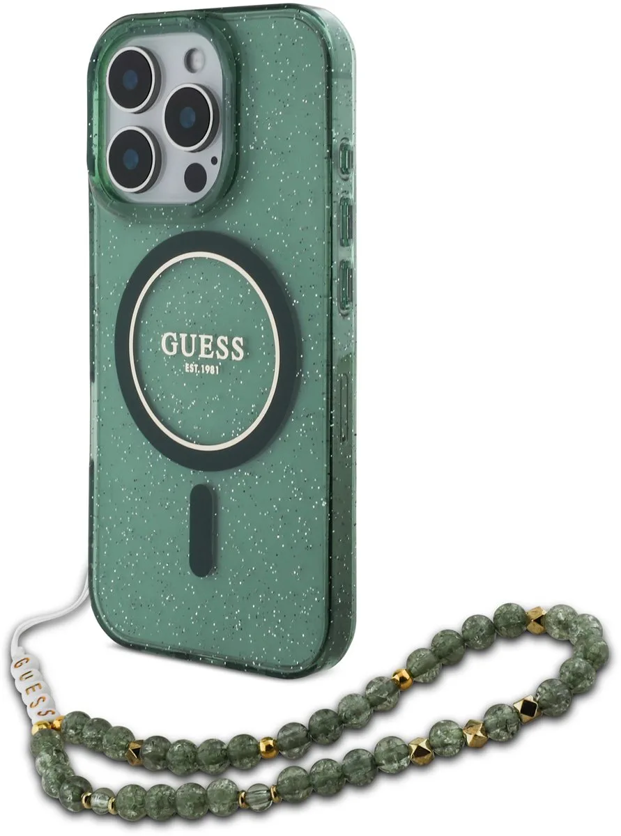 Backcover iPhone 16 Pro - Magsafe with pearl strap de Guess en Vert – photo produit