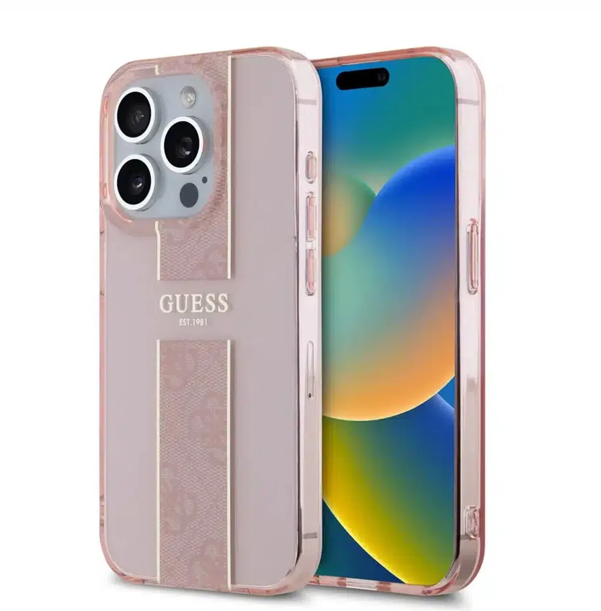 Backcover iPhone 16 Pro Max - IML 4G Stripe van Guess in Roze – productfoto