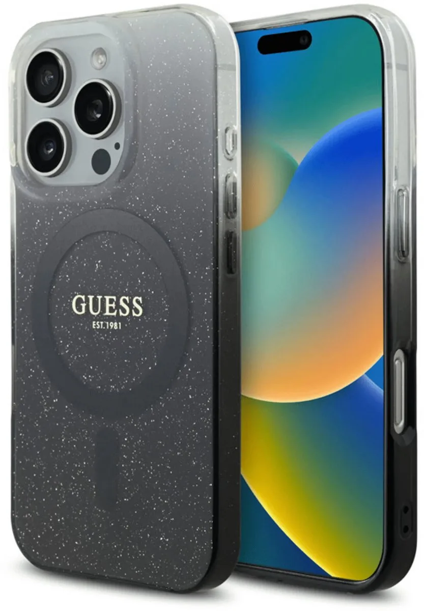 Backcover iPhone 16 Pro Max - Magsafe IML glitter gradient van Guess in Zwart – productfoto