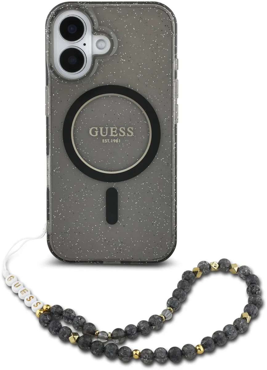 Backcover iPhone 16 Pro Max - Magsafe IML Glitter with pearls strap från Guess i Svart – produktbild