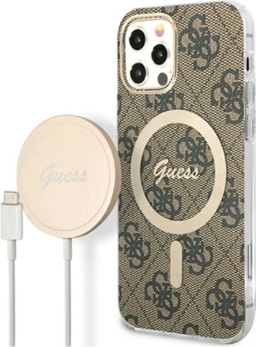 Bescherming Guess Case + Charger Set iPhone 12/12 Pro brown hard case 4G Print MagSafe från Guess i Brun – produktbild