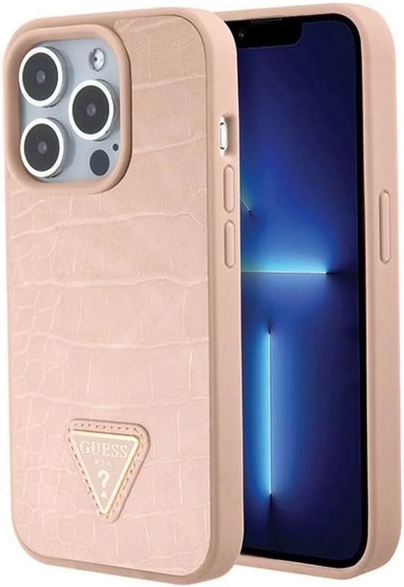 Bescherming Guess GUHCP15LPCRTHCP iPhone 15 Pro 6.1" pink hardcase Croco Triangle Metal Logo van Guess in Roze – productfoto