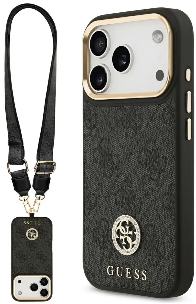 Case 4G Strass Logo Grote Band Magsafe Voor Iphone 17 Pro Met Metaal de Guess en Noir – photo produit