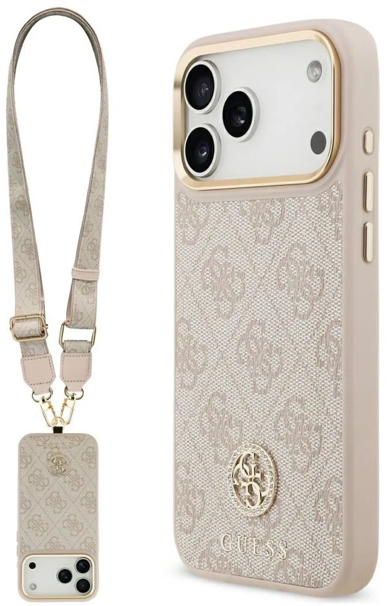 Case 4G Strass Logo Grote Band Voor Iphone 17 Pro Magsafe Met Metaal van Guess in Roze – productfoto