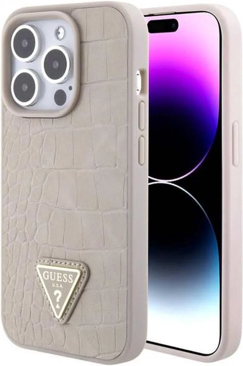 Croco Case with Triangle Logo for iPhone 15 Pro - Taupe van Guess in Beige – productfoto