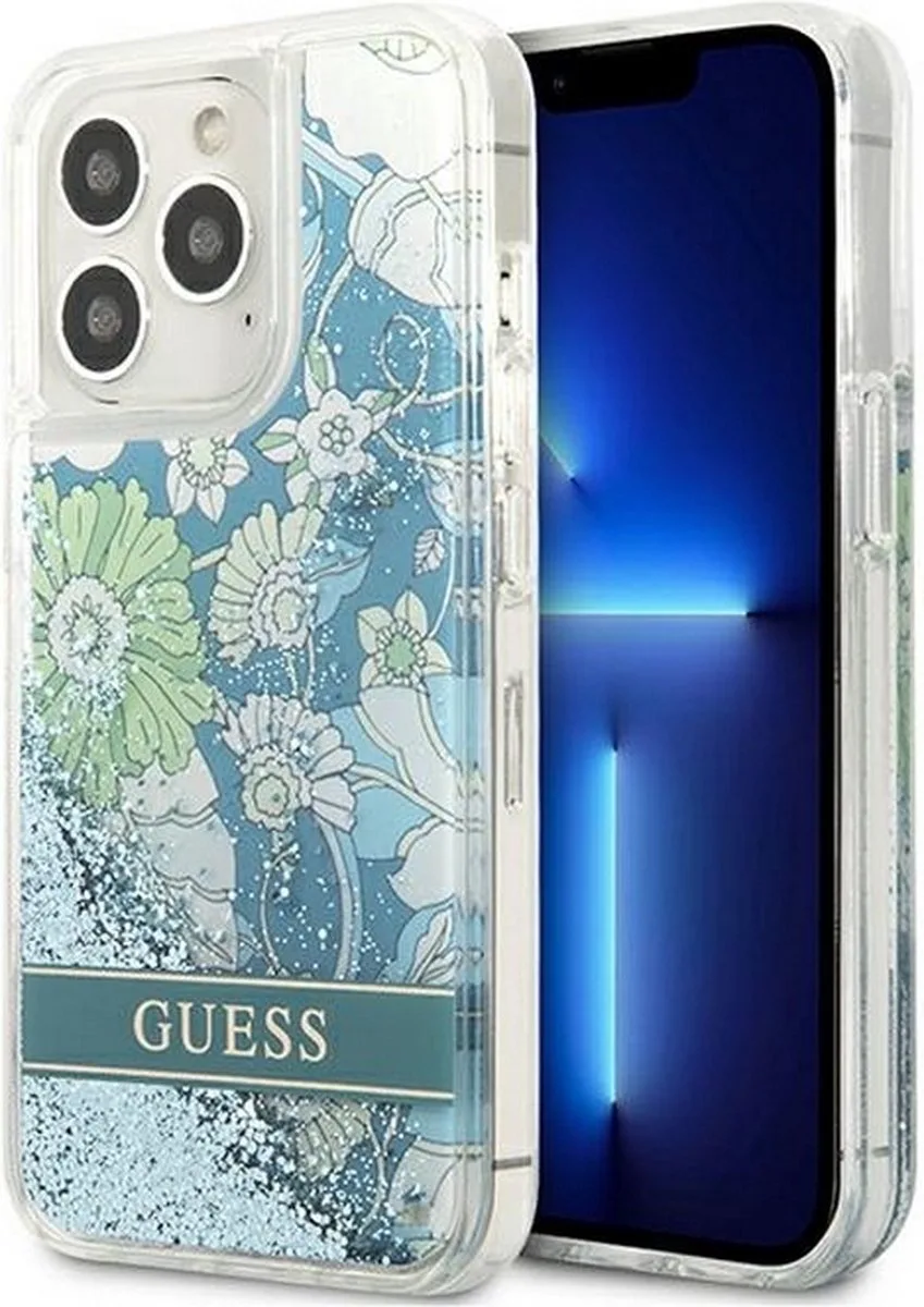 Flower Liquid Glitter Back Case - Geschikt voor Apple iPhone 13 Pro (6.1") de Guess en Vert – photo produit