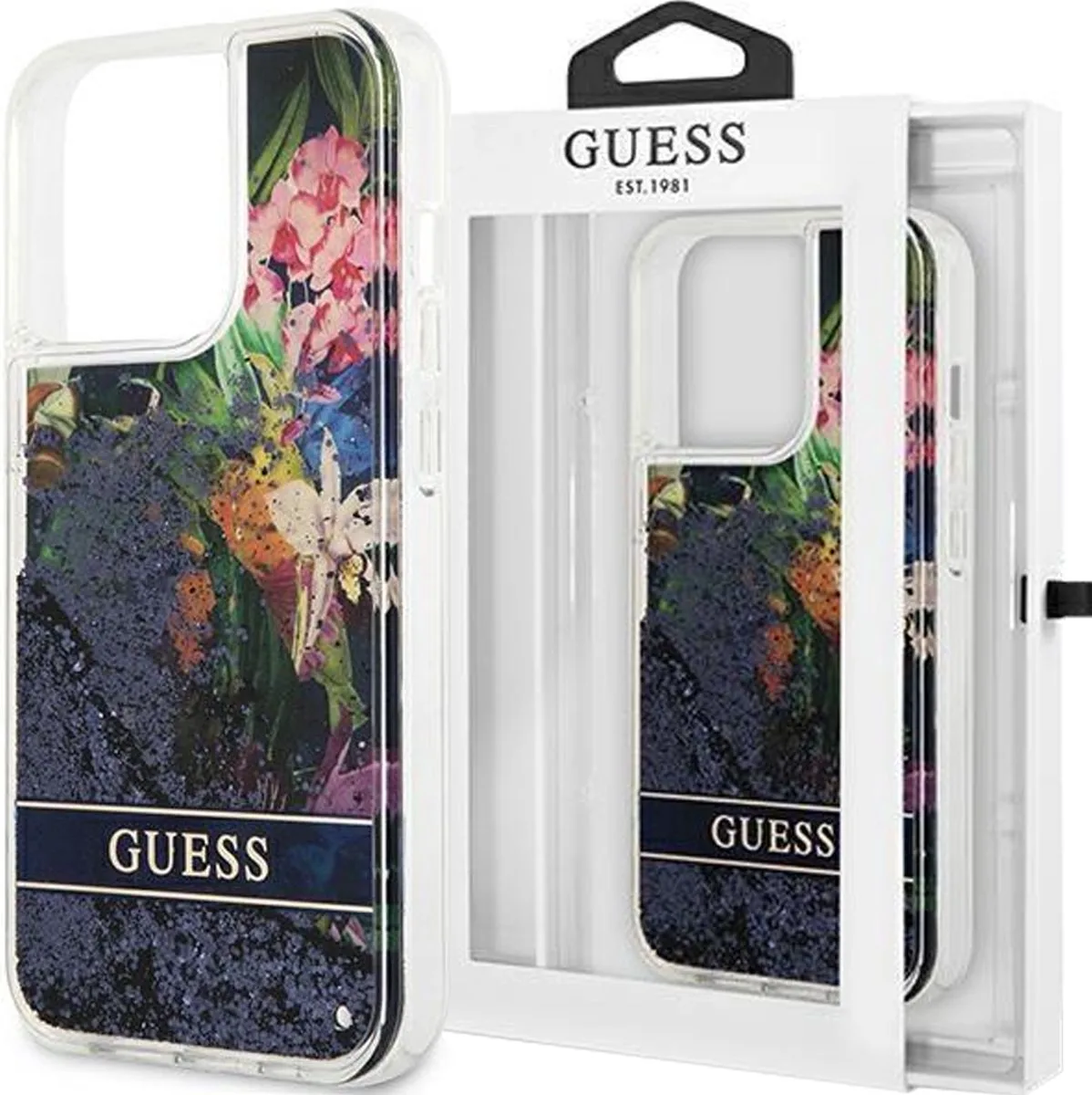 Flower Liquid Glitter Back Case - Geschikt voor Apple iPhone 13 Pro (6.1") de Guess en Bleu – photo produit