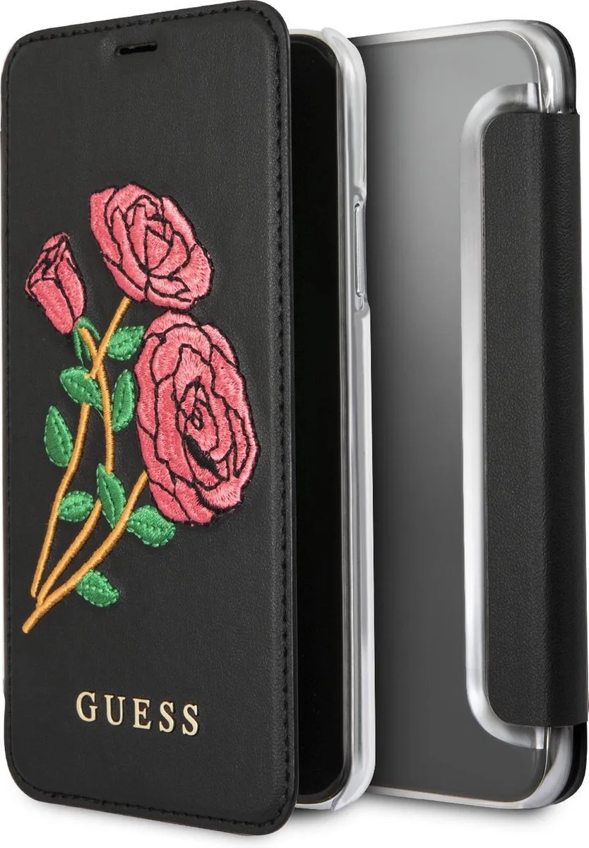 Geborduurde Rozen Lederen Booktype Case voor iPhone X / XS van Guess in Zwart – productfoto