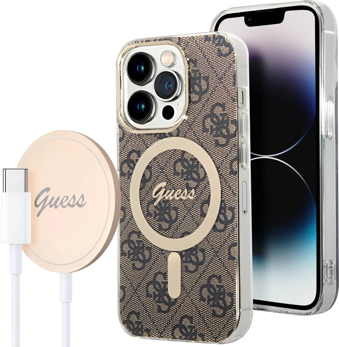 Gebundelde hoes Geschikt voor Apple iPhone 14 Pro Magsafe 4G en draadloze oplader Qi Magsafe 15W von Guess in Braun – Produktfoto
