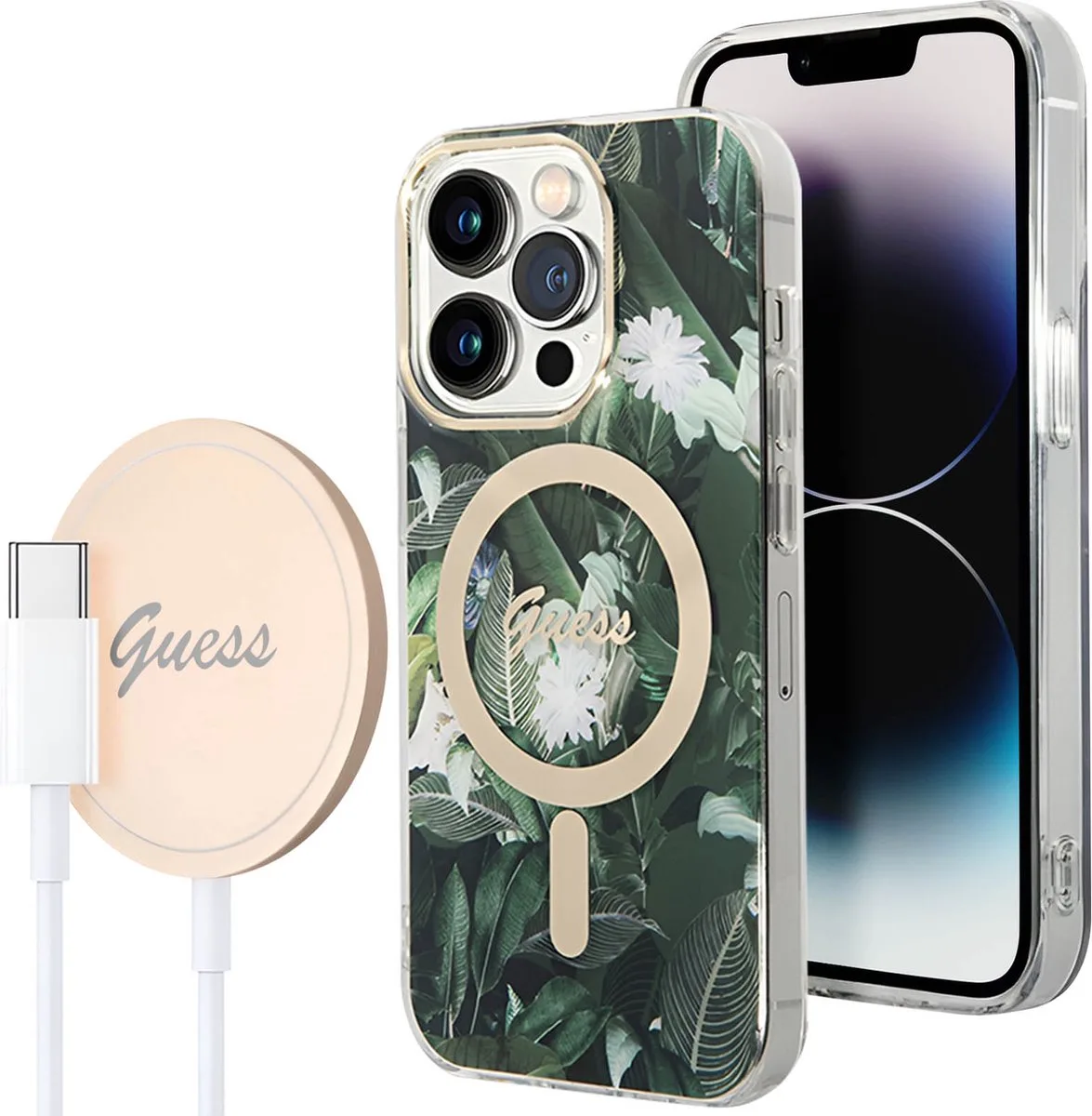Gebundelde hoes Geschikt voor Apple iPhone 14 Pro Max met Jungle-motief en Qi MagSafe draadloze oplader von Guess in Kaki – Produktfoto