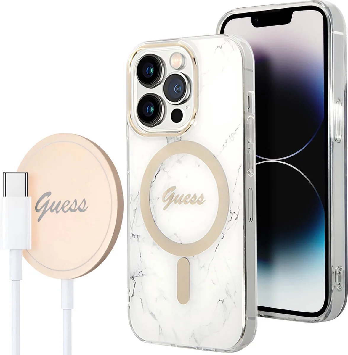 Gebundelde hoes Geschikt voor Apple iPhone 14 Pro Max met marmeren patroon en Qi Magsafe draadloze oplader von Guess in Weiß – Produktfoto