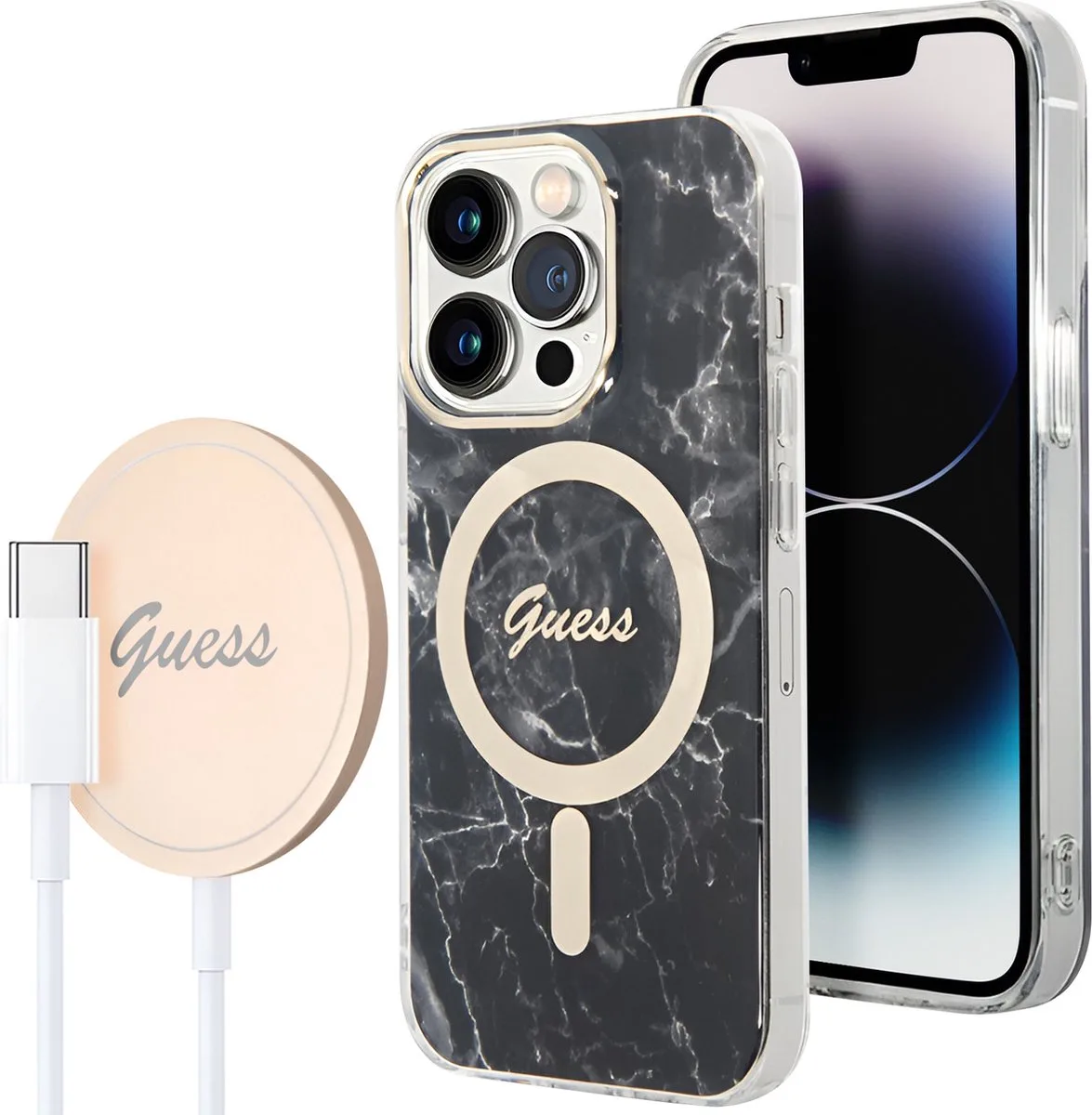 Gebundelde hoes Geschikt voor Apple iPhone 14 Pro Max met marmerpatroon en Qi Magsafe draadloze oplader von Guess in Schwarz – Produktfoto