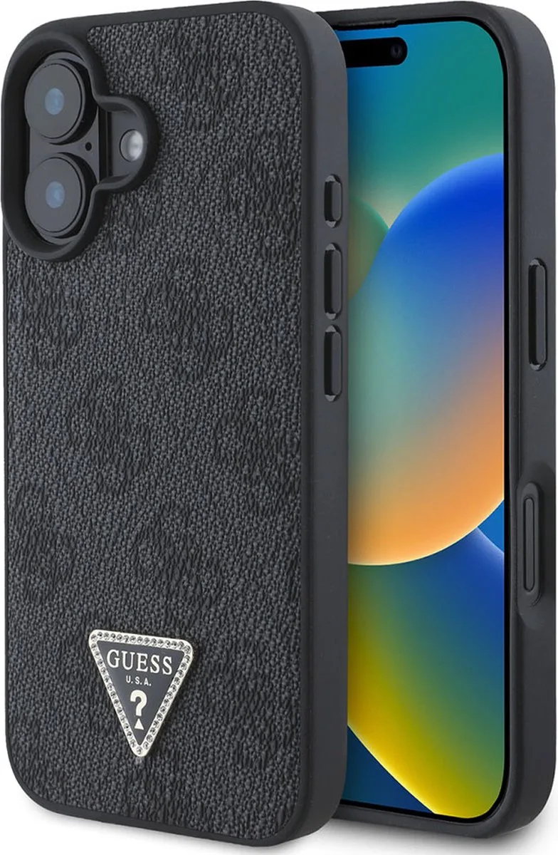 Geschikt voor Apple iPhone 16 4G Edition Strass Triangle Metallic hoesje van Guess in Zwart – productfoto