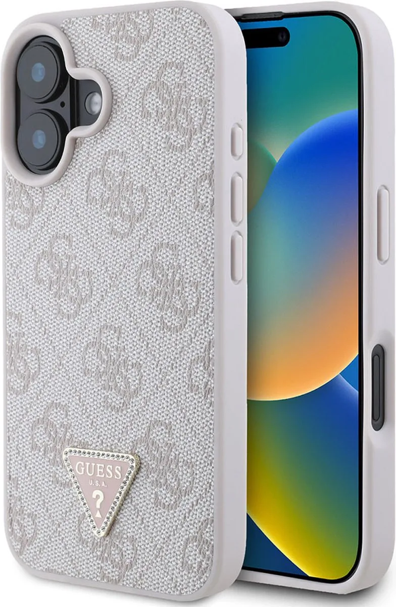 Geschikt voor Apple iPhone 16 4G Edition Strass Triangle metallic hoesje, Wit / Champagne van Guess in Wit, Champagne – productfoto