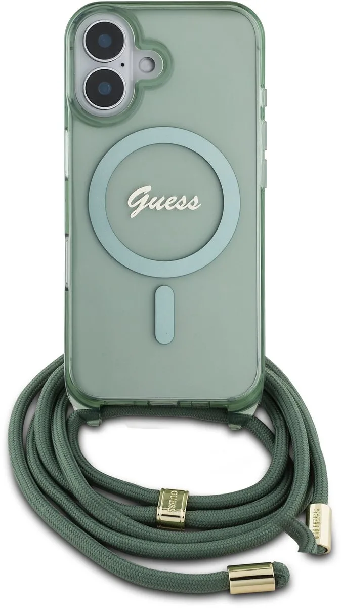 geschikt voor MagSafe IML Backcover met crossbody cord geschikt voor iPhone 16 van Guess in Groen – productfoto
