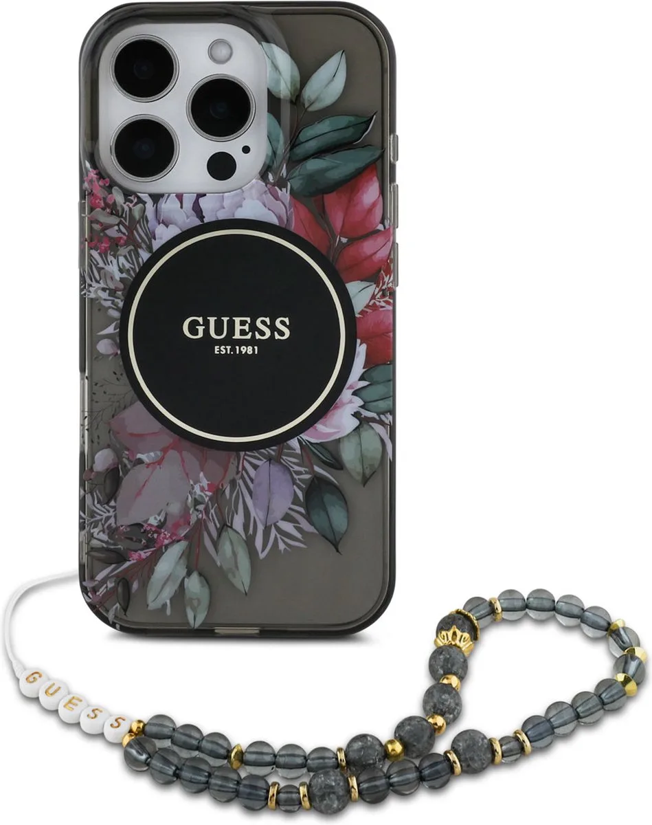 geschikt voor MagSafe IML Flowers Case met beads strap geschikt voor iPhone 16 Pro från Guess i Svart – produktbild