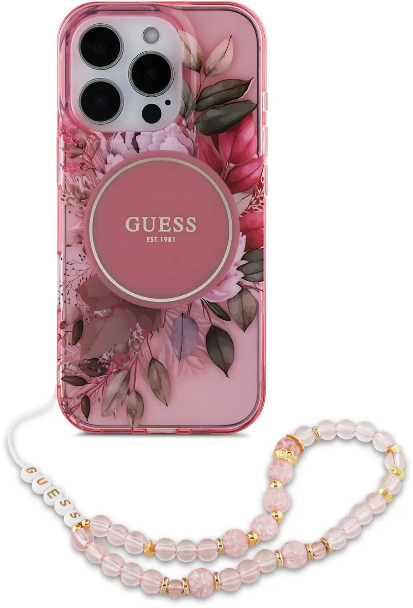 geschikt voor MagSafe IML Flowers Case met beads strap geschikt voor iPhone 16 Pro de Guess en Rose – photo produit