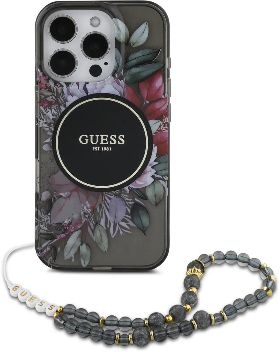 geschikt voor MagSafe IML Flowers Case met beads strap geschikt voor iPhone 16 Pro Max - Zwart van Guess in Zwart – productfoto
