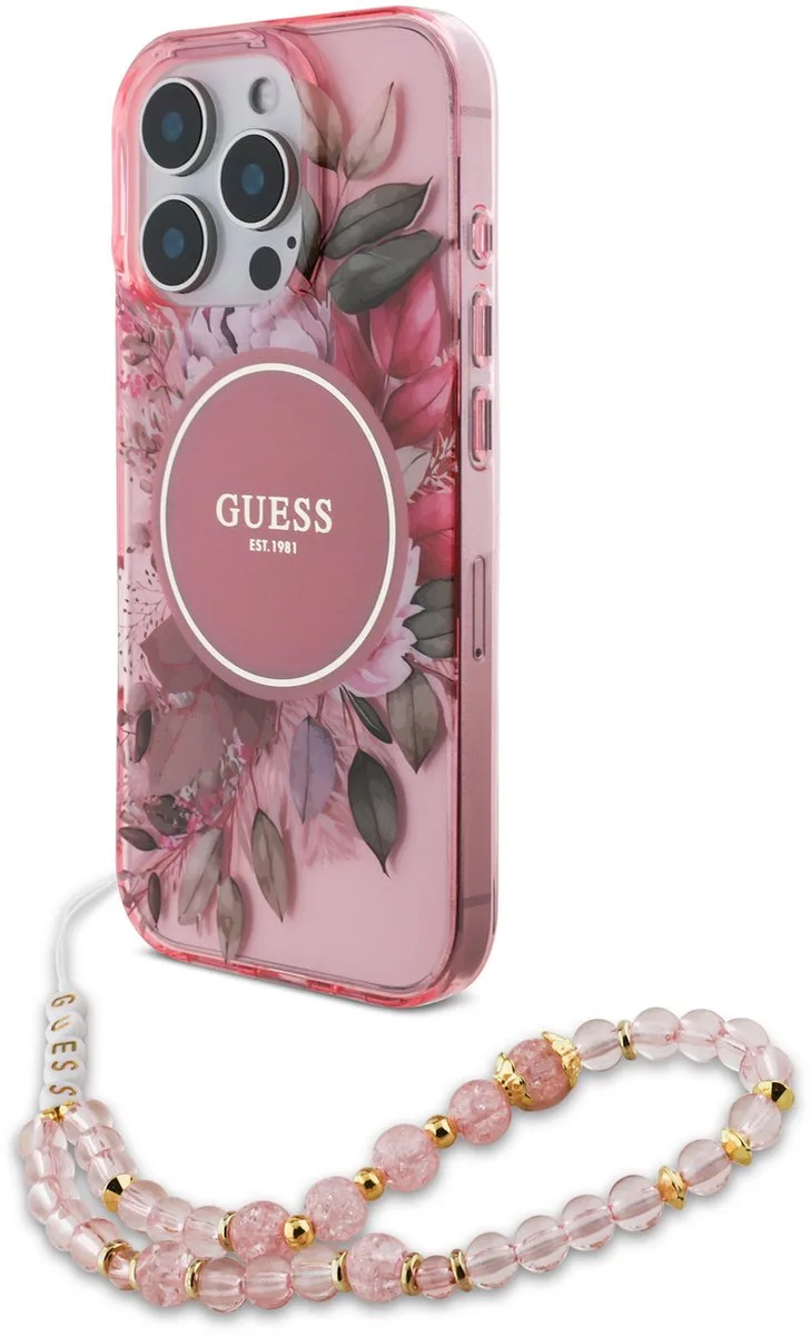 geschikt voor MagSafe IML Flowers Case met beads strap geschikt voor iPhone 16 Pro Max de Guess en Rose – photo produit