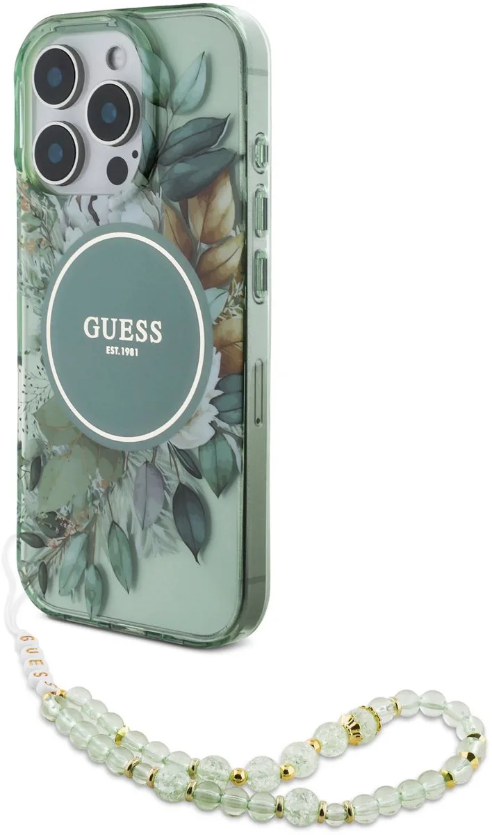 geschikt voor MagSafe IML Flowers Case met beads strap geschikt voor iPhone 16 Pro Max van Guess in Groen – productfoto