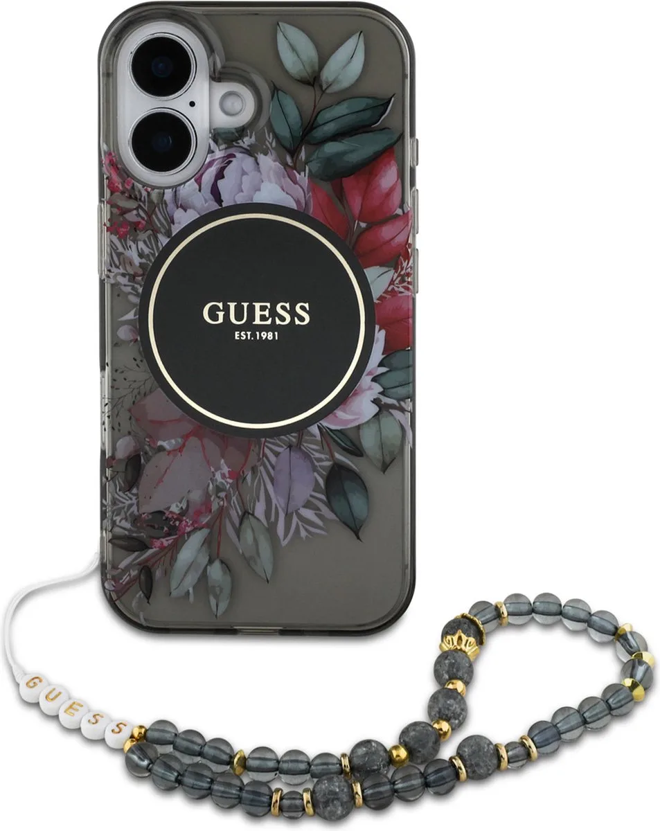 geschikt voor MagSafe IML Flowers Case met beads strap geschikt voor iPhone 16 van Guess in Zwart – productfoto