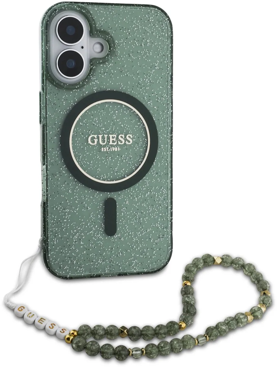 geschikt voor MagSafe IML Glitter Case met beads strap geschikt voor iPhone 16 Pro Max - Green de Guess en Vert – photo produit