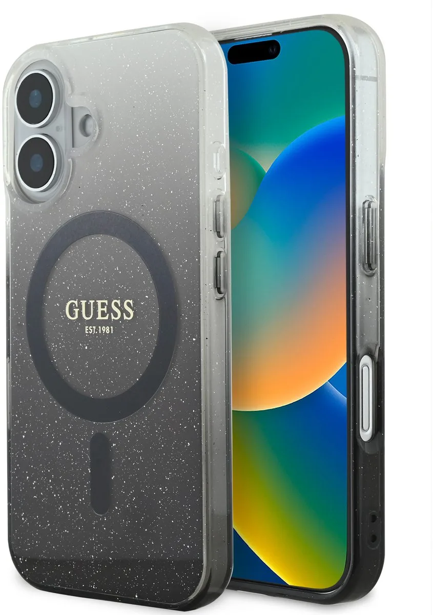 geschikt voor MagSafe IML Glitter Gradient Case geschikt voor iPhone 16 van Guess in Zwart – productfoto
